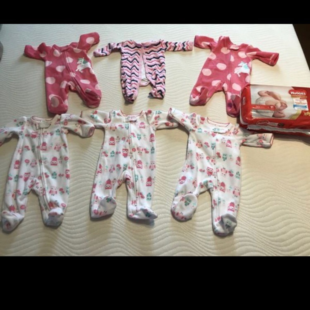 Preemie girl bundle with preemie diapers.